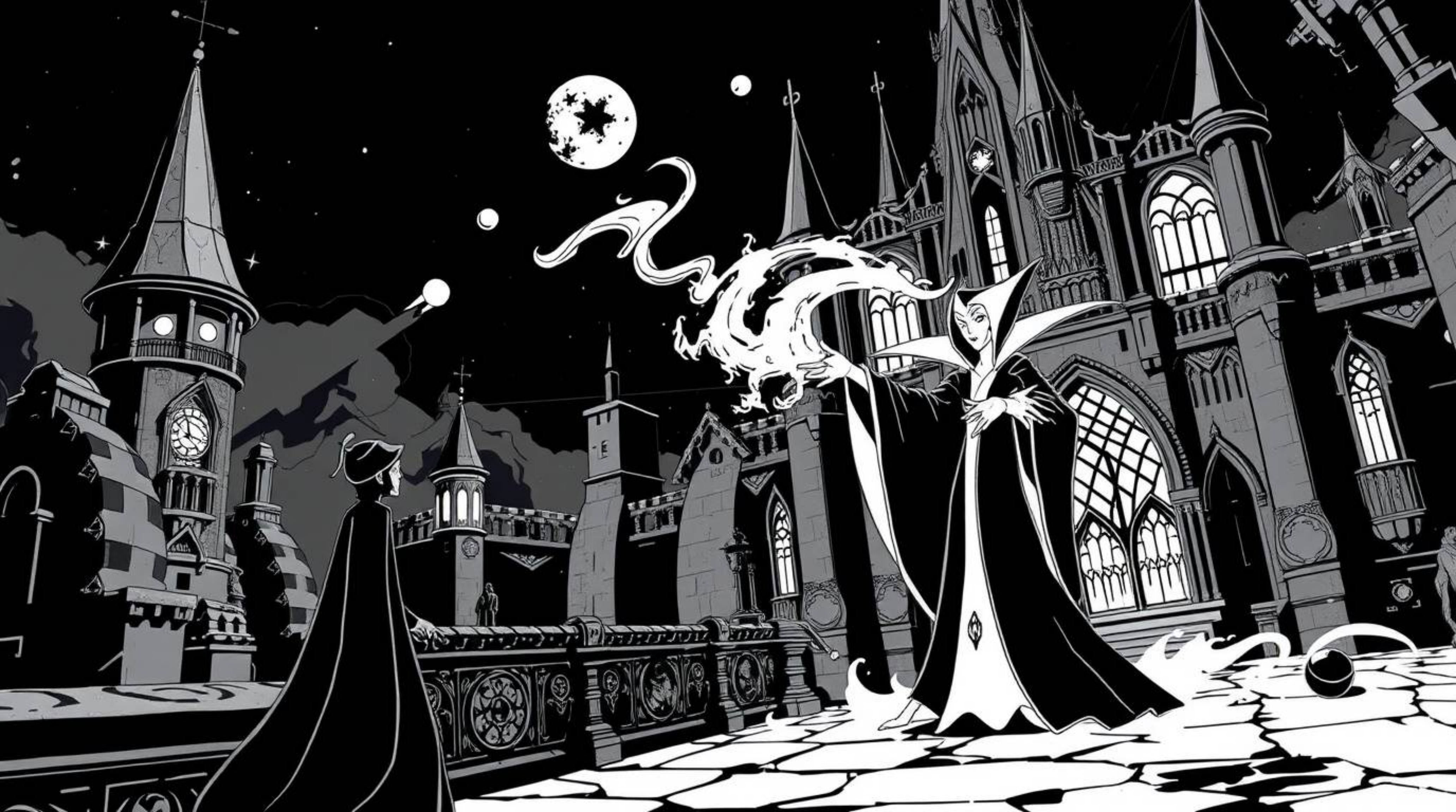 A captivating black and white illustration in a futuristic sci-fi style depicts a classic Disney villain casting a spell with