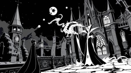 A captivating black and white illustration in a futuristic sci-fi style depicts a classic Disney villain casting a spell with