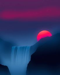 A sophisticated and elegant image depicts a dramatic waterfall silhouetted against a rich burgundy and deep blue sunset. Rend