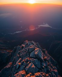 Experience a breathtaking sunset from a high alpine peak, captured from a stunning high-angle perspective. This elevated view
