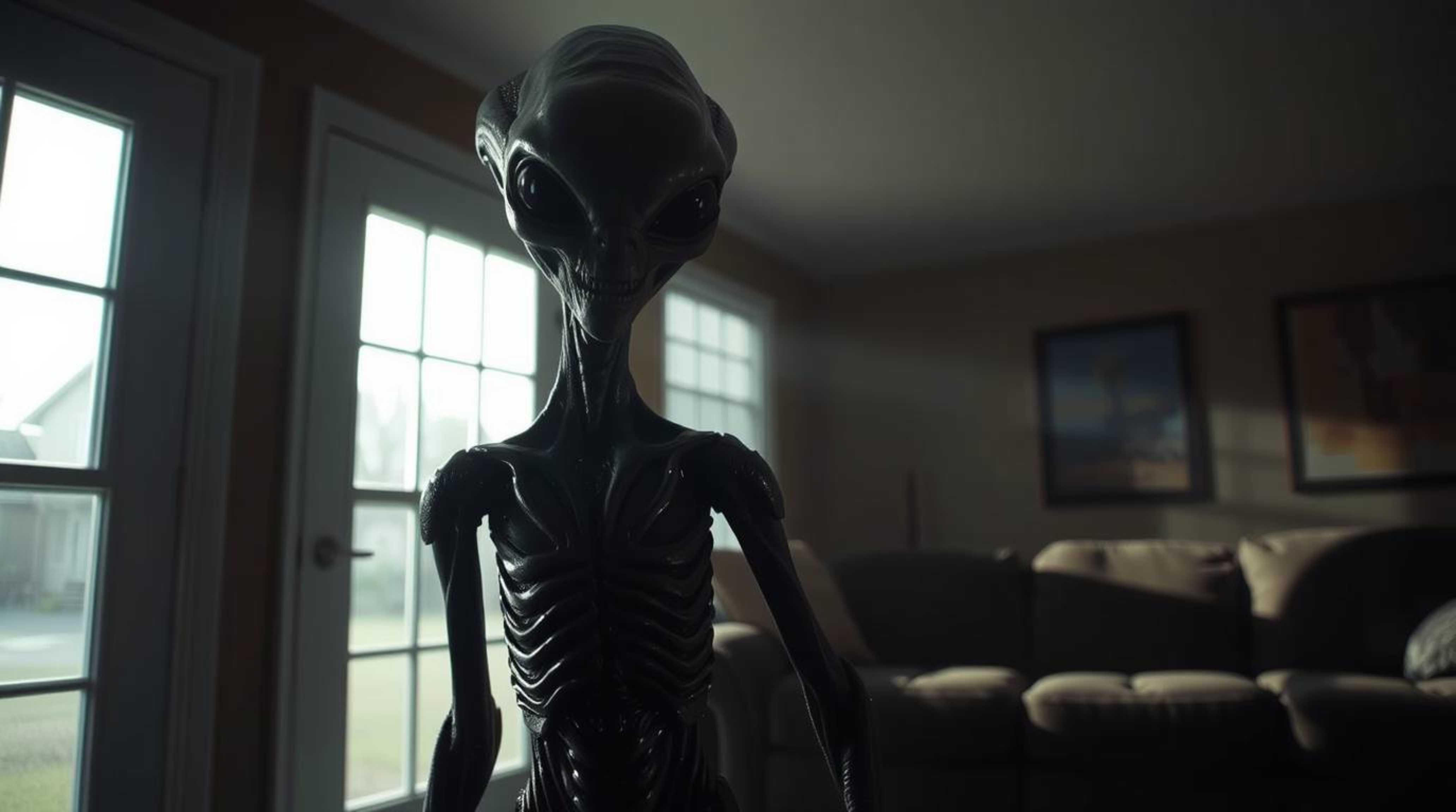 A captivating image portrays an alien inhabitant within a commonplace suburban home. The scene is dramatically lit, casting s