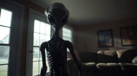 A captivating image portrays an alien inhabitant within a commonplace suburban home. The scene is dramatically lit, casting s