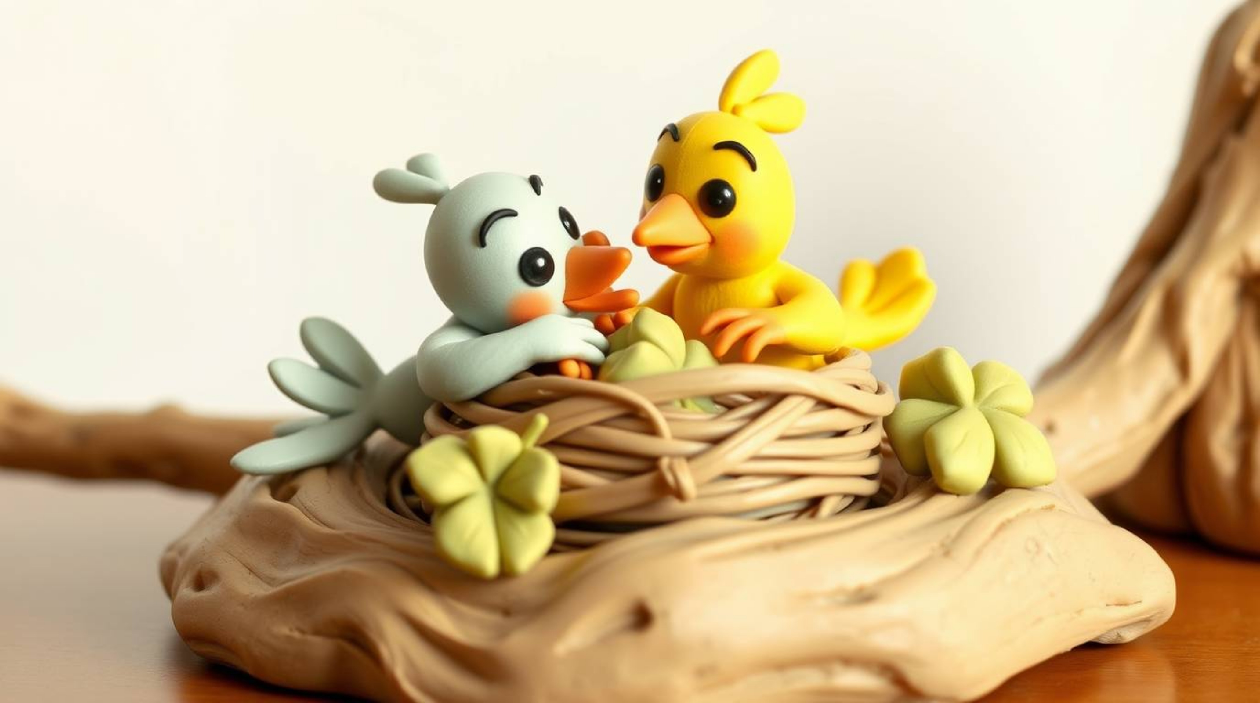 This sculptural clay art piece depicts two cartoon birds diligently building a nest in a classic animation style. The artwork