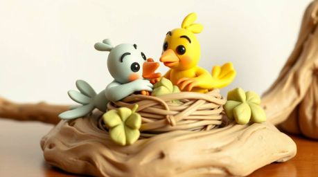 This sculptural clay art piece depicts two cartoon birds diligently building a nest in a classic animation style. The artwork