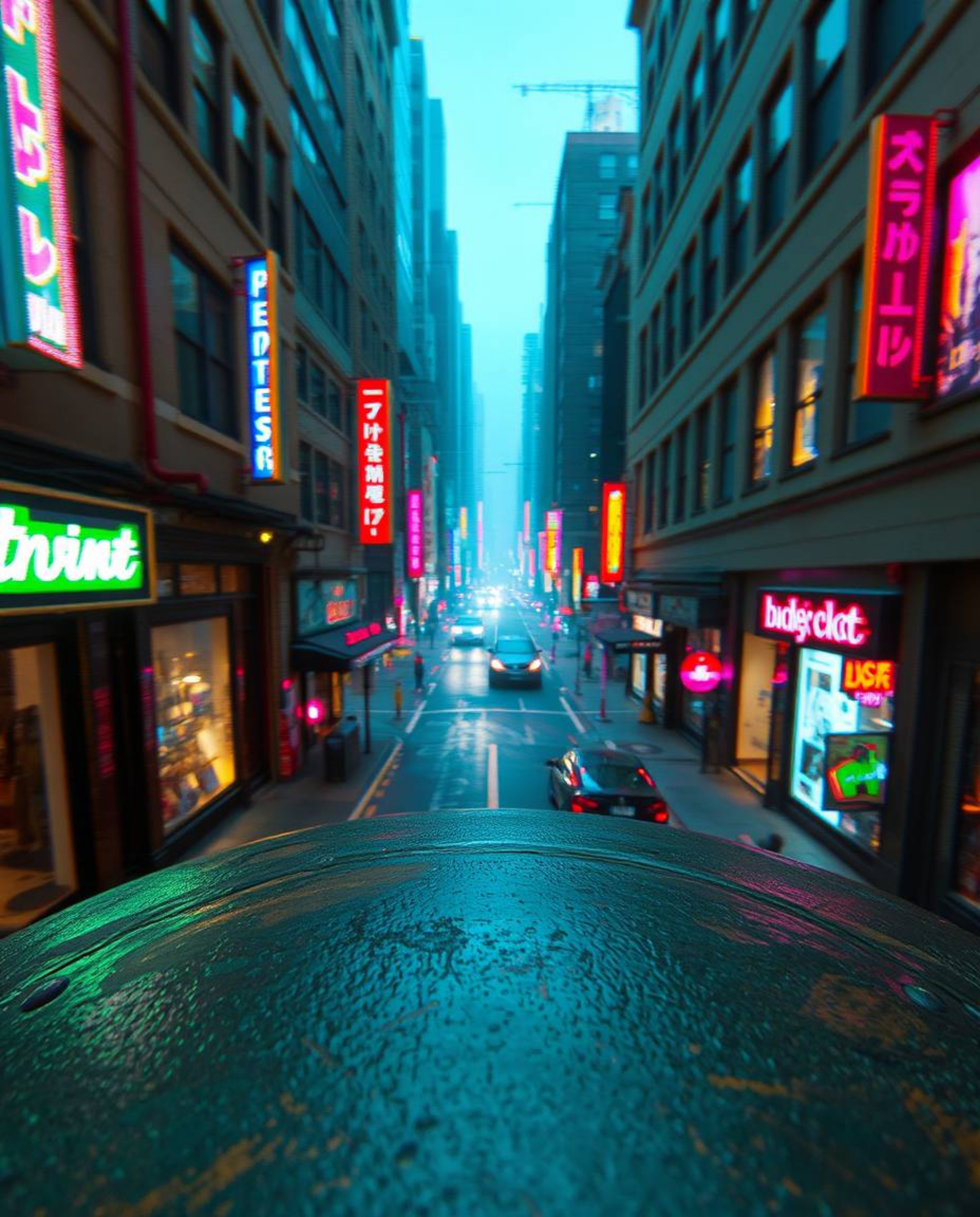 Experience a stunning high-angle, pixelated glitch art image depicting a cyberpunk street bathed in neon haze.  The antique b