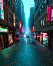 Experience a stunning high-angle, pixelated glitch art image depicting a cyberpunk street bathed in neon haze.  The antique b