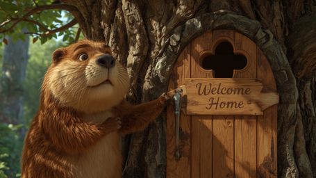 A highly detailed, high-resolution stock photo of a beaver, reminiscent of a Pixar animation, with warm, golden fur and brigh