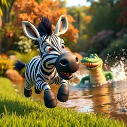 Experience an extreme macro close-up of a charming 3D cartoon zebra, showcasing its cute, expressive eyes and friendly smile.
