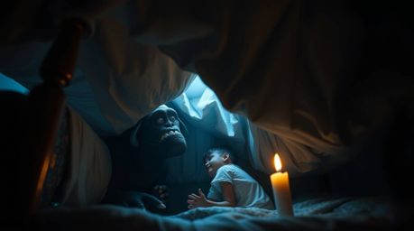 A captivating image depicts an unlikely friendship between a child and a friendly monster lurking under the bed.  Illuminated