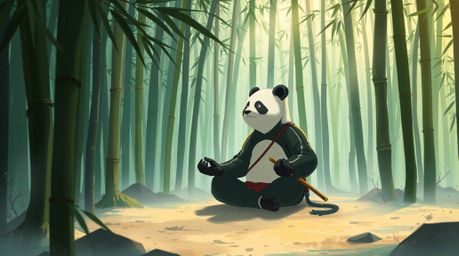 A captivating depiction of a martial artist panda in an Isekai-style anime setting.  The panda is shown meditating serenely w