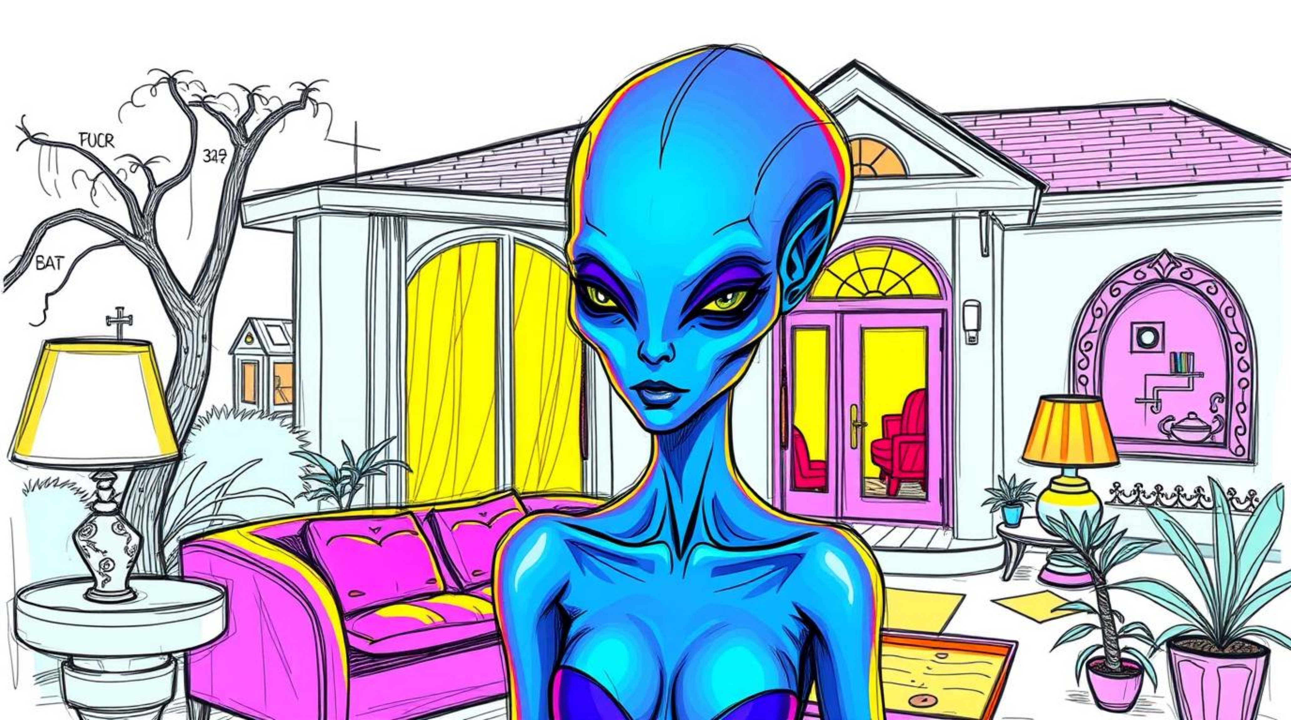 This artwork depicts an elegant, hand-drawn alien living a surprisingly ordinary life in a suburban house. Rendered in a vibr