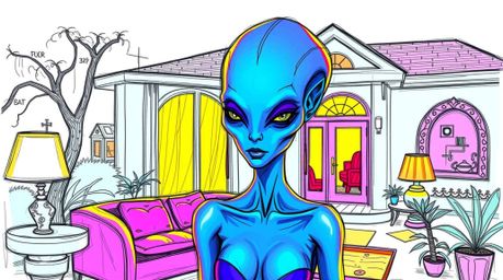 This artwork depicts an elegant, hand-drawn alien living a surprisingly ordinary life in a suburban house. Rendered in a vibr