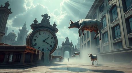 A captivating architectural photograph depicts a surreal dreamscape filled with melting clocks and floating cows.  The image 
