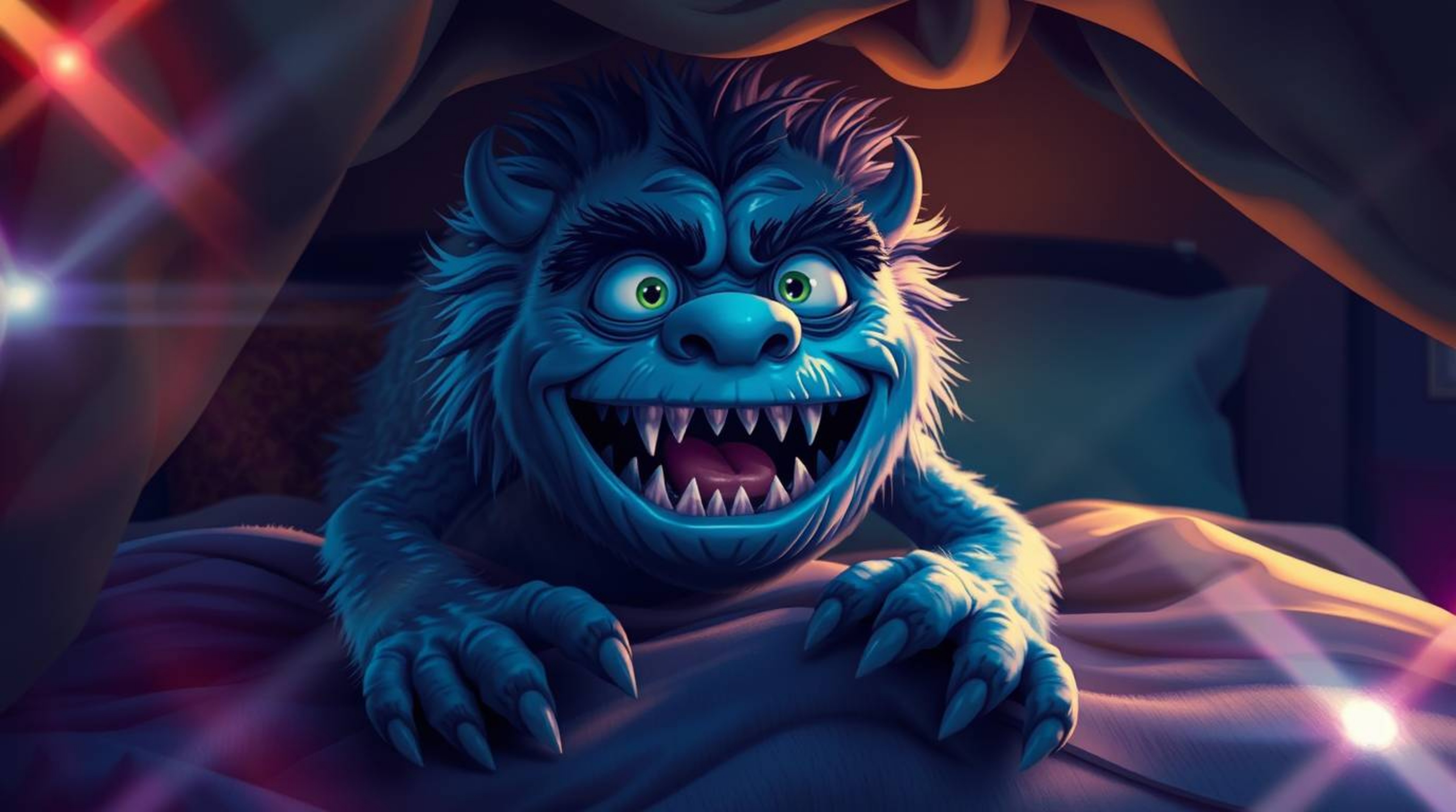 A heartwarming illustration depicting a friendly monster under a child's bed.  Rendered in vibrant colors with seamless blend