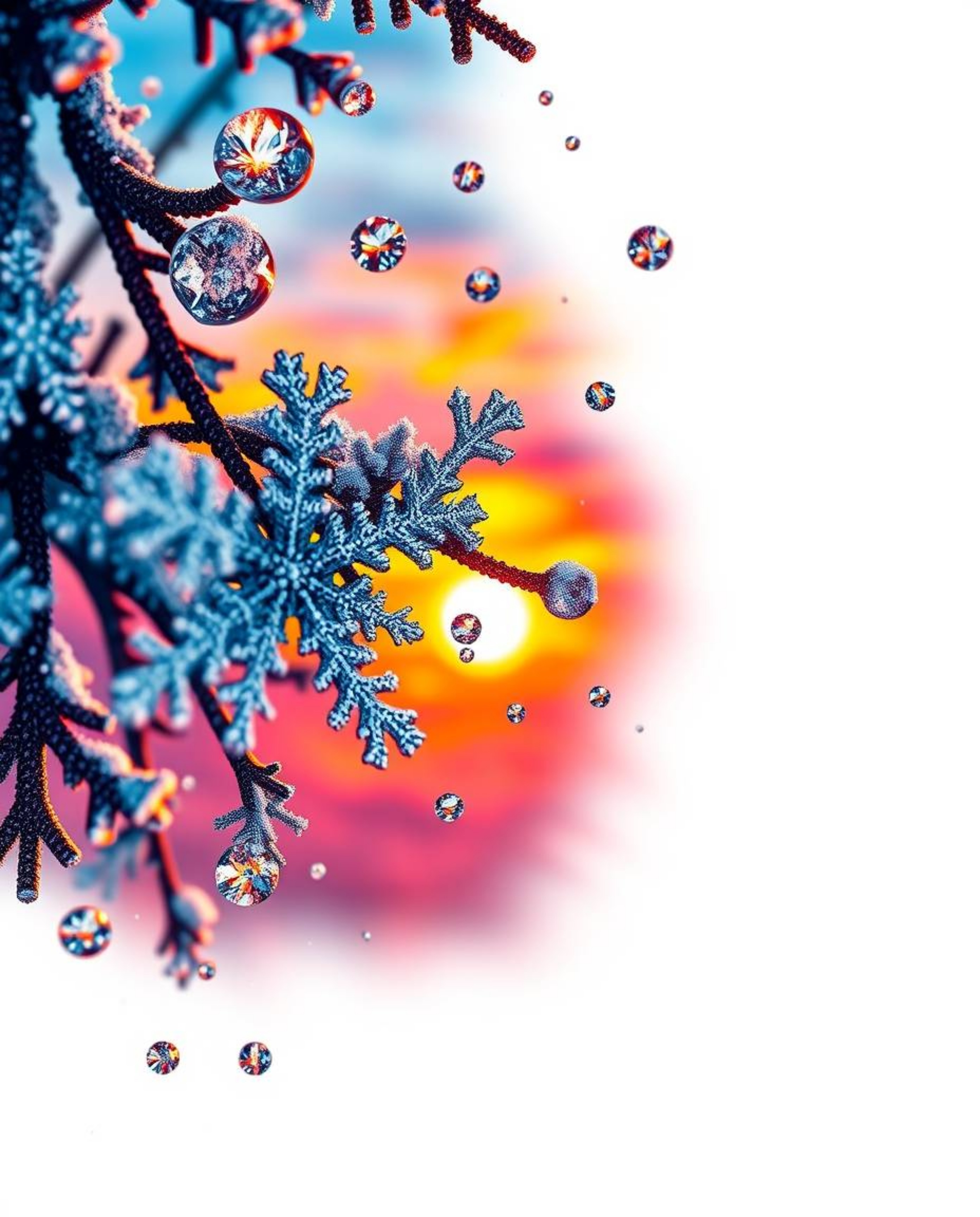 This is a traditional tattoo art print featuring an extreme macro close-up of snowflakes falling during a vibrant sunset. The