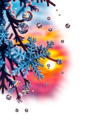 This is a traditional tattoo art print featuring an extreme macro close-up of snowflakes falling during a vibrant sunset. The