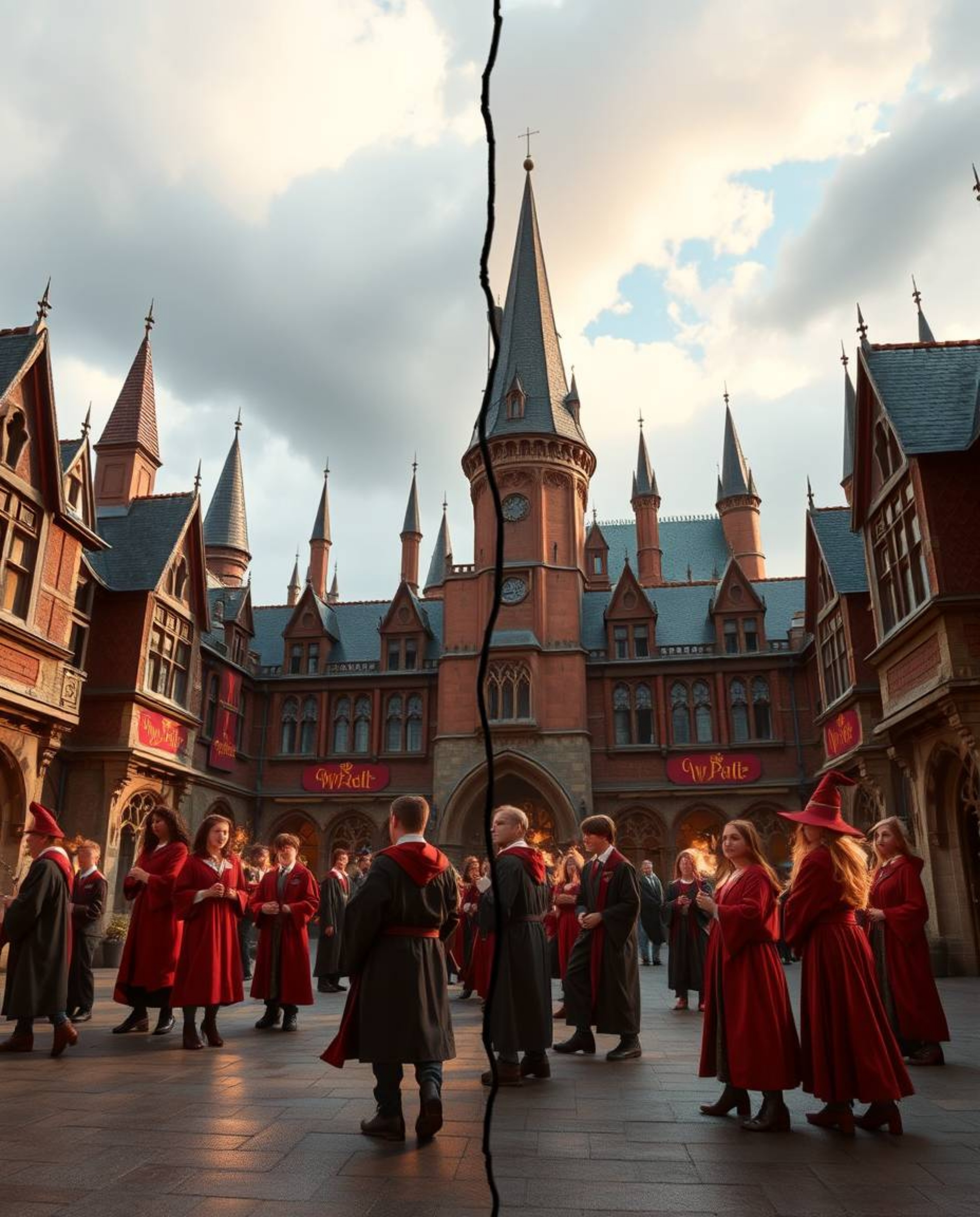 This stunning image showcases a magical school brimming with young wizards, presented in a distinctly split composition that