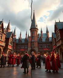 This stunning image showcases a magical school brimming with young wizards, presented in a distinctly split composition that