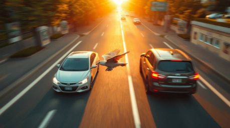 This high-angle photograph captures a fast-running bird in motion, seamlessly navigating through passing traffic. The image i
