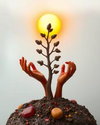 A captivating clay sculpture depicts hands gently planting a tree beneath a vibrant golden sky.  Thick fog adds depth and mys
