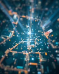 Experience a stunning abstract city map composed of geometric shapes, viewed from a top-down perspective.  The image features