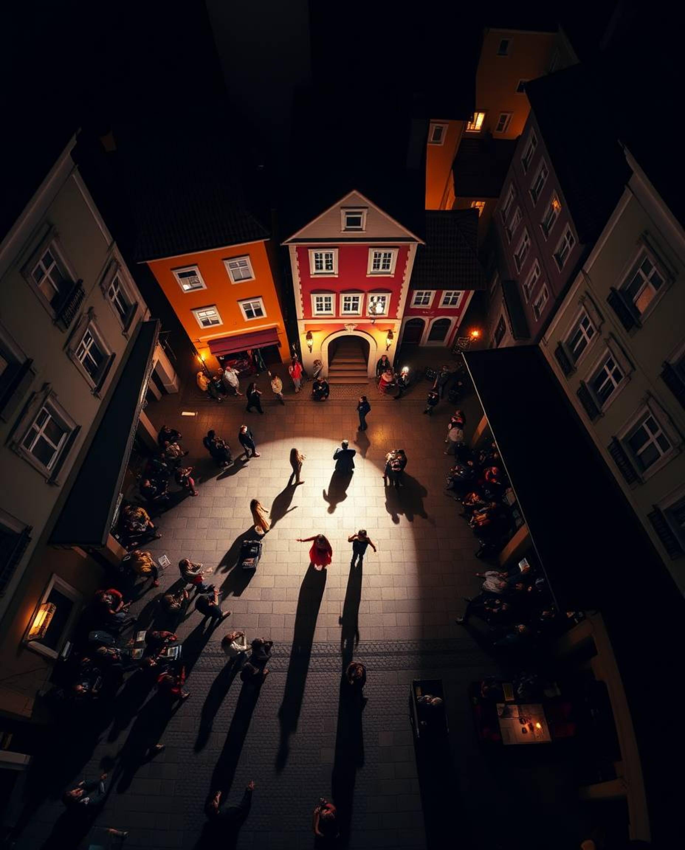 Experience a vibrant musical number unfolding in a sun-drenched town square, captured from a breathtaking bird's eye perspect