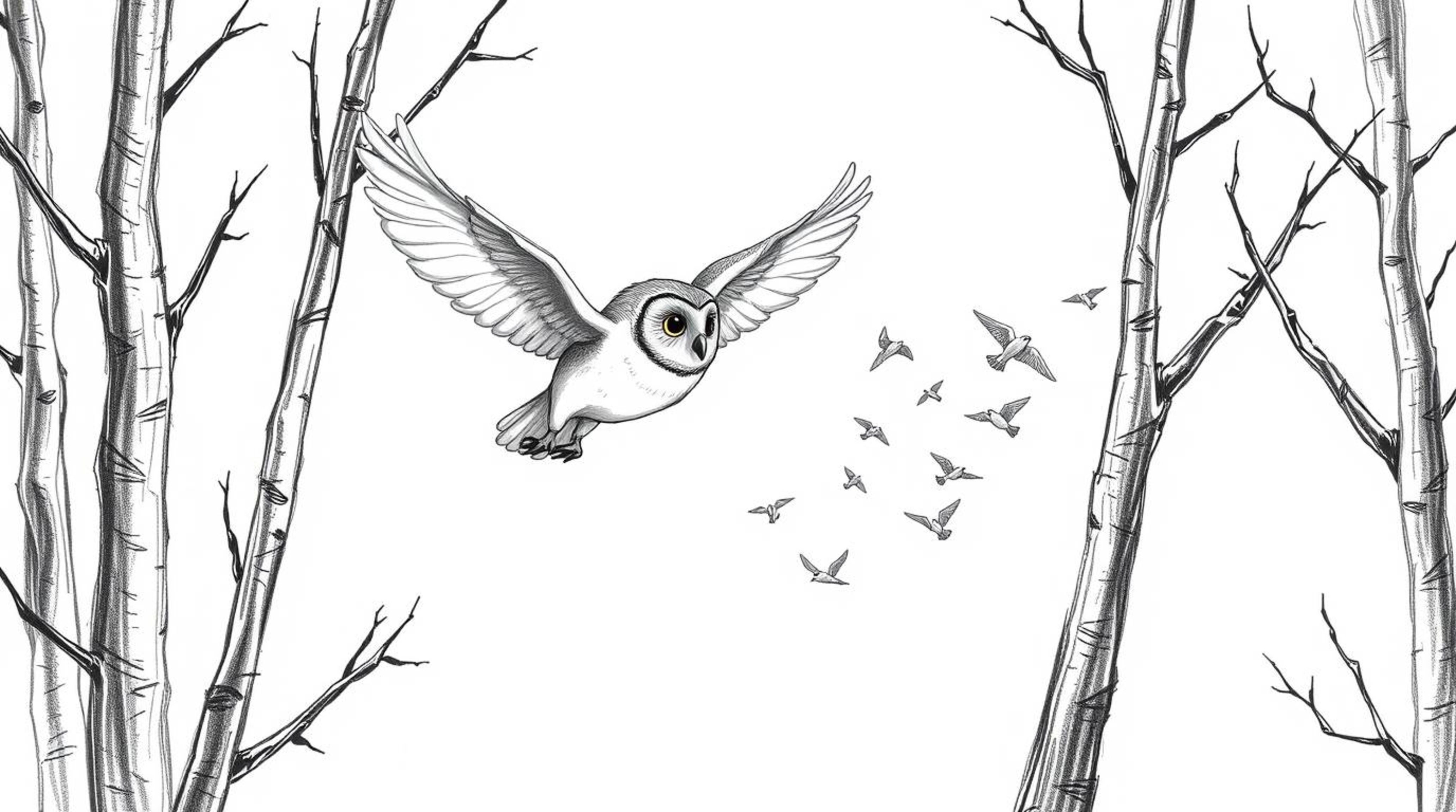 A heartwarming hand-drawn sketch in the style of Pixar portrays a blind owl gracefully gliding between trees, leading a flock