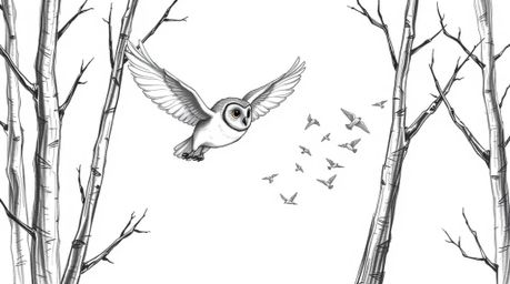 A heartwarming hand-drawn sketch in the style of Pixar portrays a blind owl gracefully gliding between trees, leading a flock