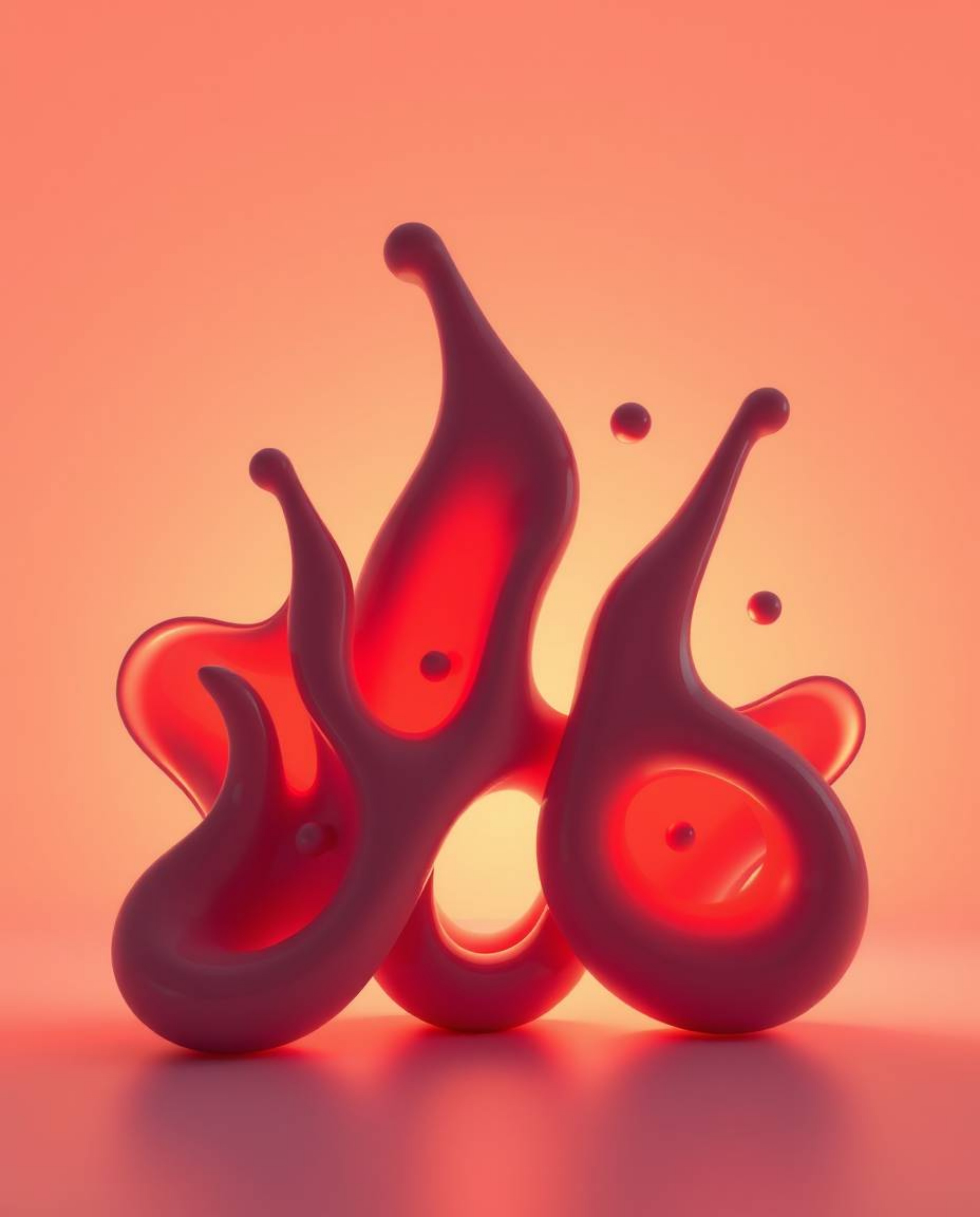 Silhouetted 3D abstract liquid forms are backlit with warm pastel reds, oranges, and yellows, creating a soft and inviting gl