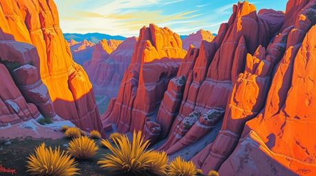 A stunning bold acrylic painting depicts a rocky canyon awash in warm sunset hues.  The artwork features vibrant complementar