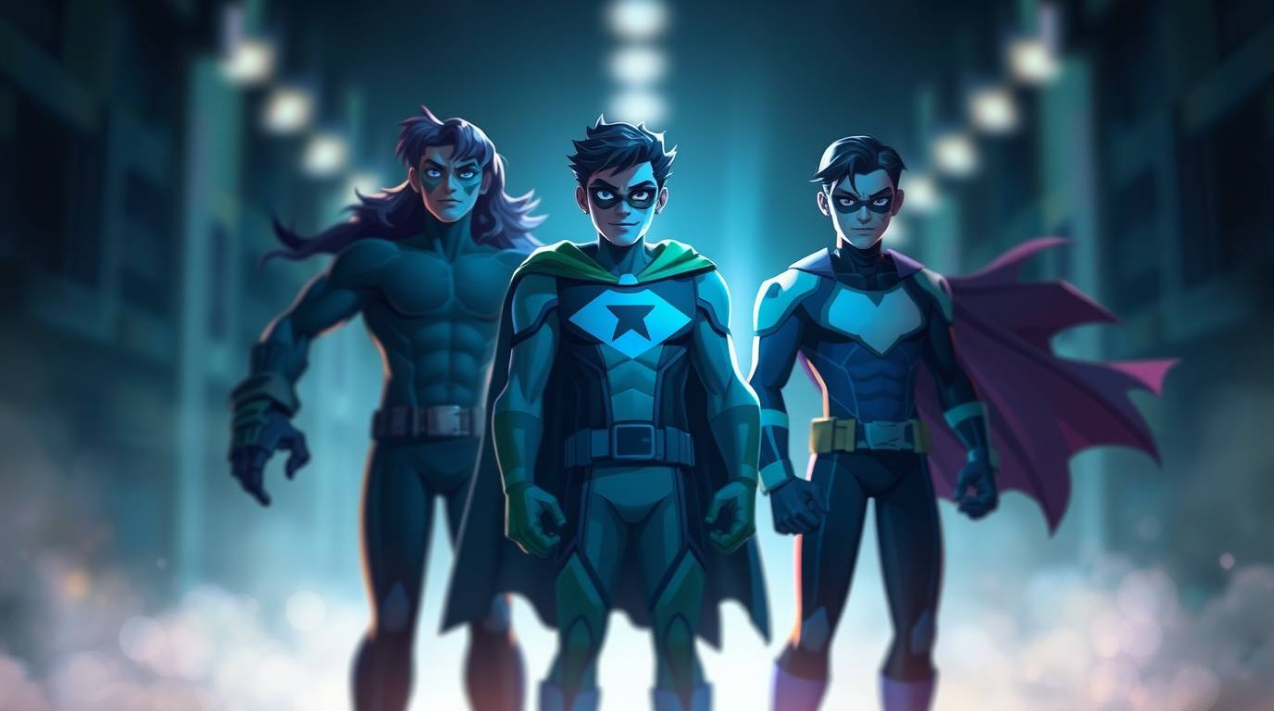 A captivating digital painting showcases a team of misfit heroes, sharply focused against a soft, blurred bokeh background. T