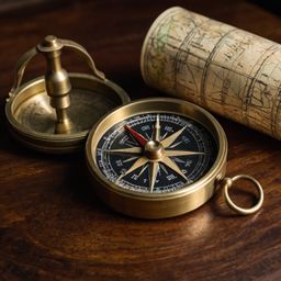A meticulously arranged scene featuring a classic brass compass, a carefully folded map, and a well-worn leather travel journ