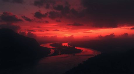 A captivating image of a winding river illuminated by a dramatic orange-pink sunset. Rendered in intense jet black, the scene