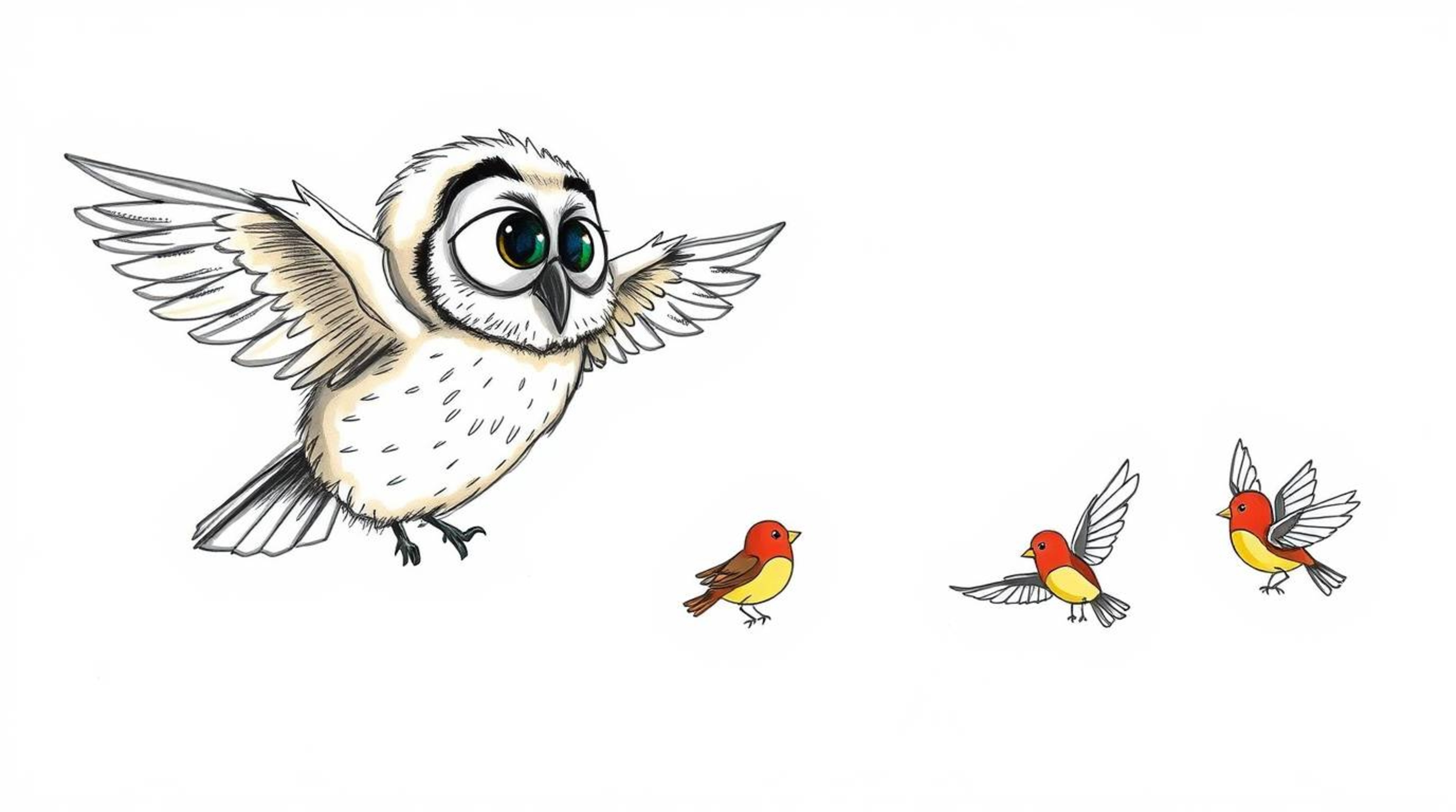 A heartwarming Pixar-style hand-drawn sketch depicts a blind owl with soft, downy feathers patiently guiding small, colorful 