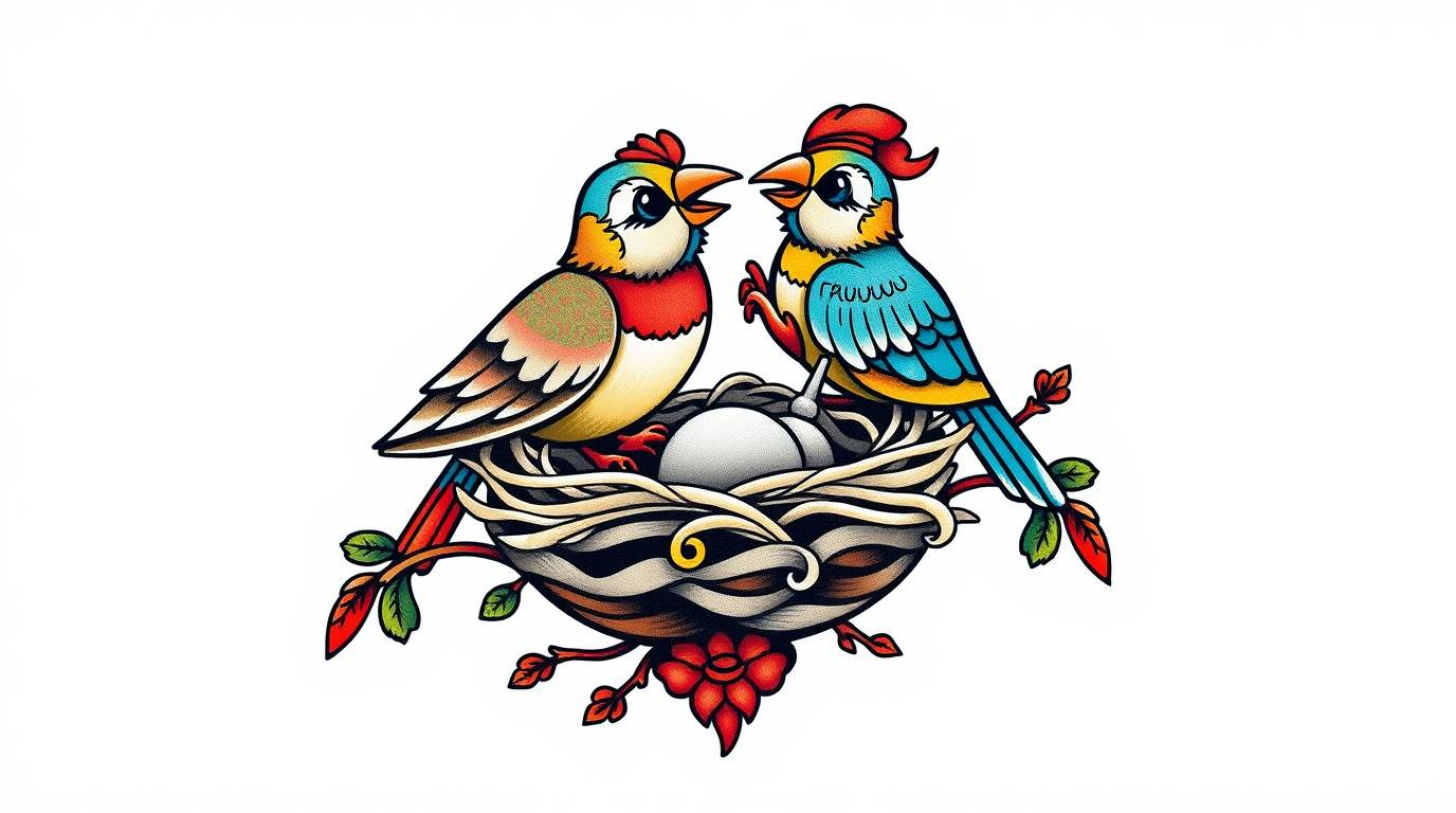 This artwork features a symbolic traditional tattoo art print depicting two cartoon birds diligently building a nest in a cla