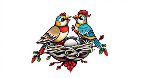 This artwork features a symbolic traditional tattoo art print depicting two cartoon birds diligently building a nest in a cla