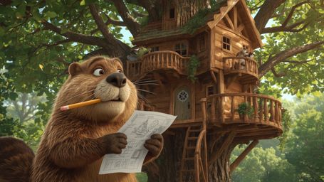 A highly detailed, high-resolution stock photo of a beaver, reminiscent of Pixar's lovable characters, busily constructing th