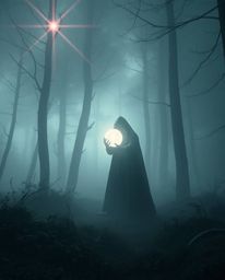 An epic, high-resolution scene unfolds, depicting a cloaked figure standing amidst a misty forest shrouded in thick fog, rend