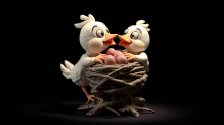 This sculptural clay art depicts two cartoon birds diligently building a nest in a classic animation style. The artwork utili