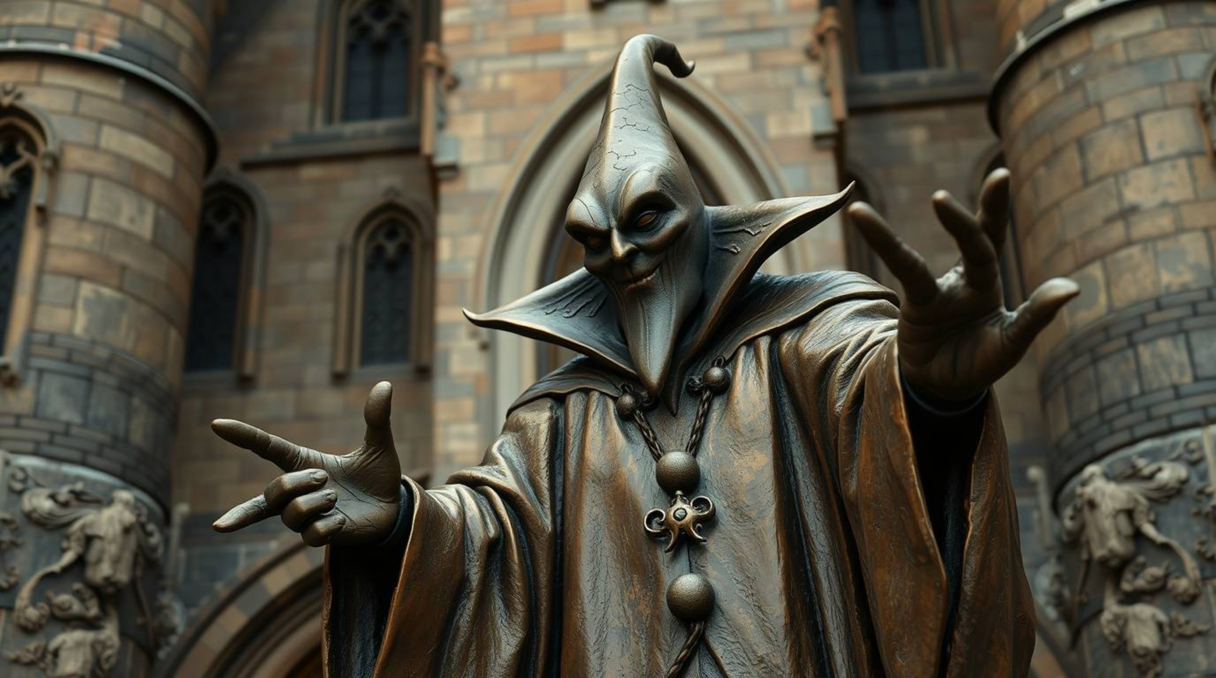 A classic Disney villain, masterfully rendered in cast bronze with a natural earth tone patina, casts a spell within the aged