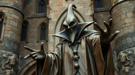 A classic Disney villain, masterfully rendered in cast bronze with a natural earth tone patina, casts a spell within the aged