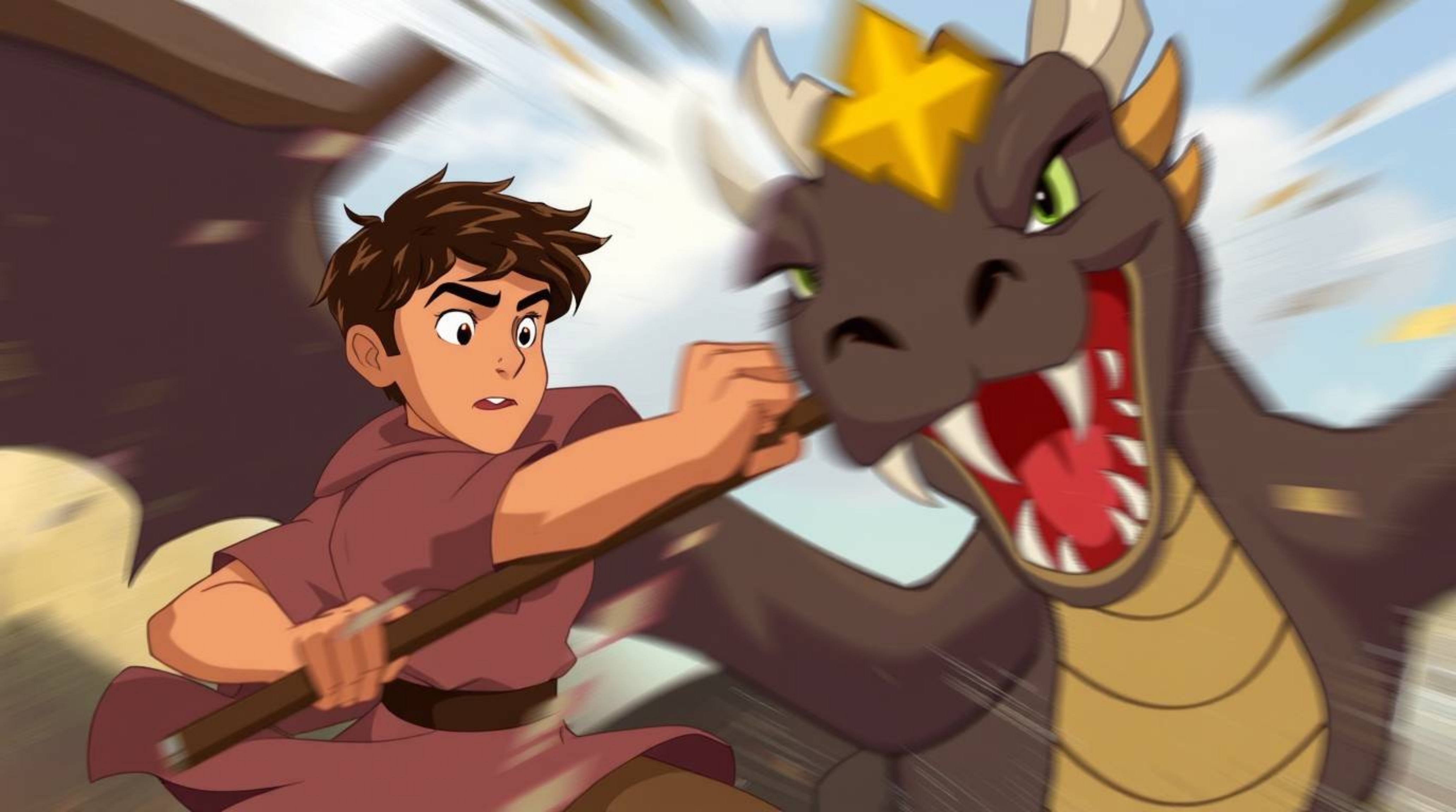 A dynamic scene showcasing a tan-skinned and focused prince battling a fearsome dragon in a stylized 1950s animation style. T