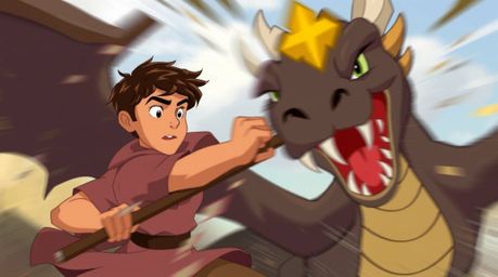A dynamic scene showcasing a tan-skinned and focused prince battling a fearsome dragon in a stylized 1950s animation style. T