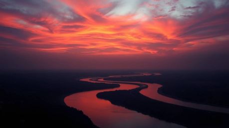 A captivating image showcases a winding river bathed in the warm glow of a dramatic orange-pink sunset. High-contrast, low-ke