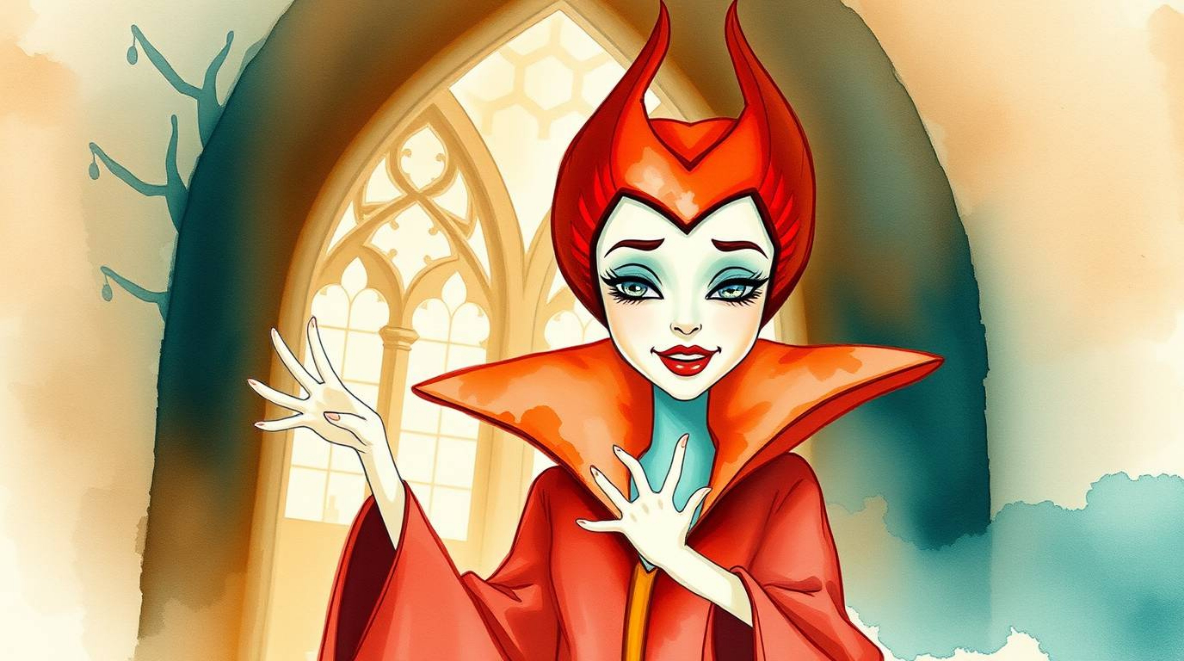 A captivating watercolor painting featuring a classic Disney villain with delicate features, casting a spell within the walls
