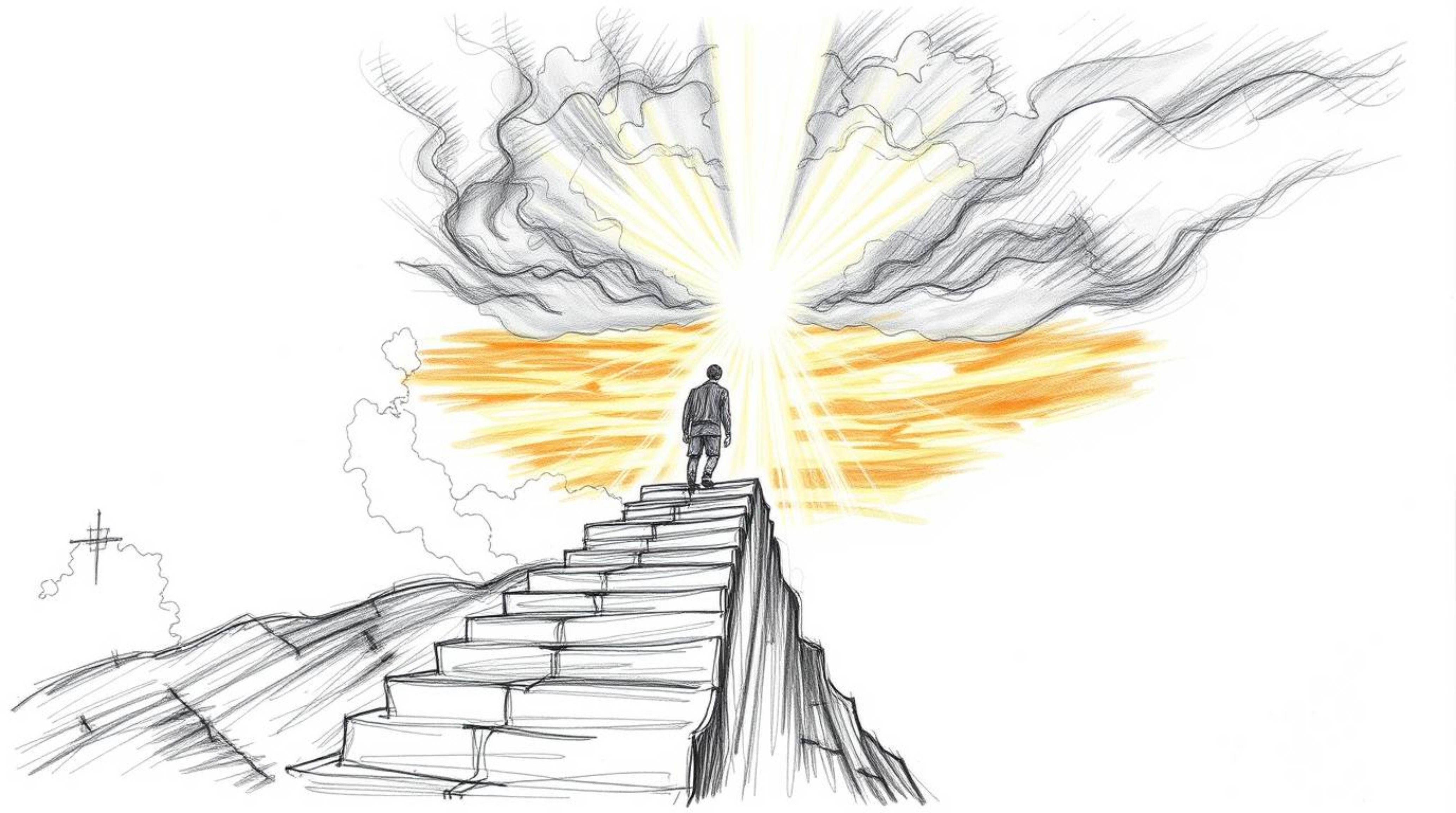 A hand-drawn sketch illustrating a solitary figure ascending a stone staircase towards a radiant beam of divine light. The sc