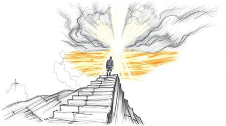 A hand-drawn sketch illustrating a solitary figure ascending a stone staircase towards a radiant beam of divine light. The sc