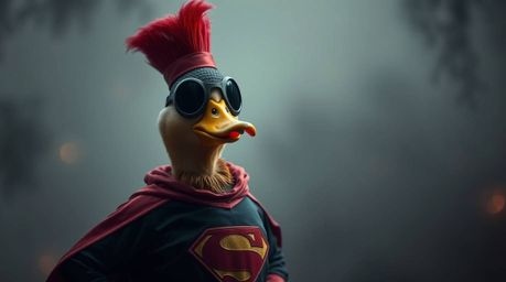 A captivating image showcasing a duck in a zany superhero costume, rendered in a strong, moody style with low contrast and ge
