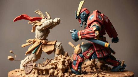This captivating clay artwork depicts a dynamic and energetic battle between a samurai and a robot in a dystopian world. The 