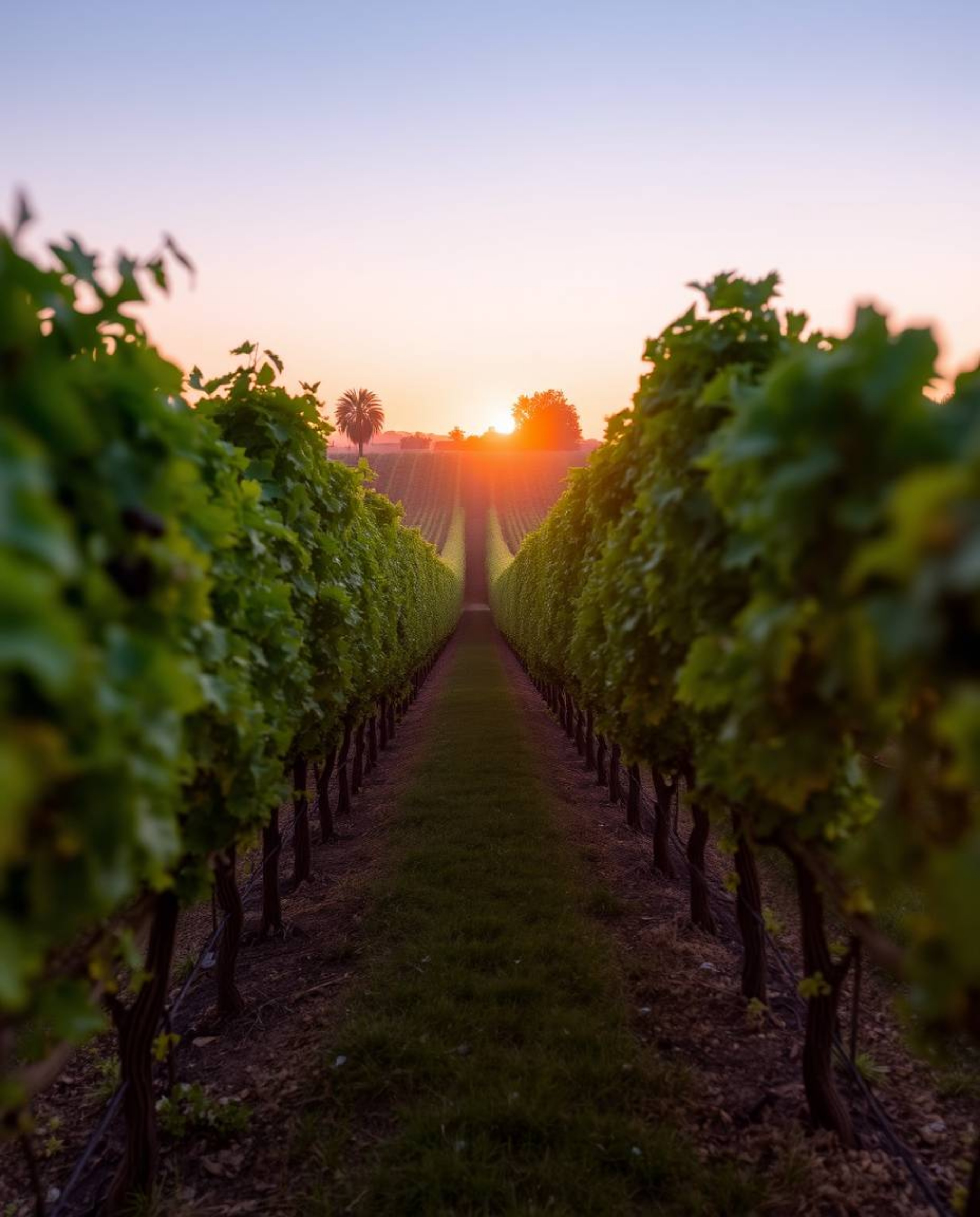 Capture the enchanting beauty of a vineyard at sunset through a stunning long exposure photograph. This image is defined by i